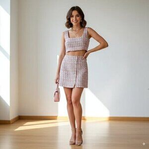 NWT House of Harlow 1960 Pixie Dust Tweed Pink Top and Mini Skirt Set